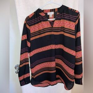 Womens Loft Outlet Black Brown Orange Stripes Tunic Long Sleeve Blouse Size S*